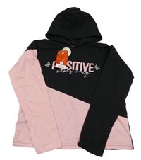 Nové - Černo-světlerůžová mikina s nápisem a kapucí Mana