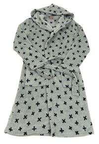 Sivo-čierny vzorovaný chlpatý župan s kapucňou a opaskom Hema