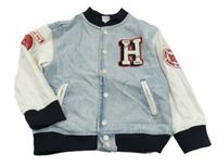 Světlemodro-bílá riflovo/tepláková baseballová bunda s nápisy 