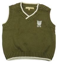 Khaki úpletová vesta s prúžkami a sovou