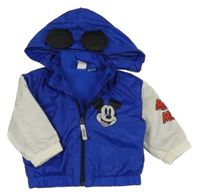 Kobaltově modro-bílá šusťáková jarní bunda s Mickeym a kapucí H&M