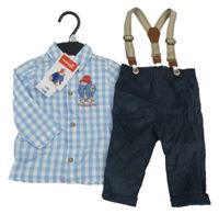 Nové - 2set - Modro-bílá kostkovaná košile s Paddingtonem + tmavomodré manšestrové kalhoty 