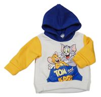 Bielo-tmavomodro-žltá mikina s Tomem&Jerry a kapucňou