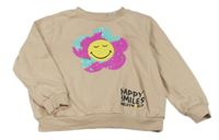 Béžová oversize mikina s květem/smajlíkem s překlápěcími flitry H&M