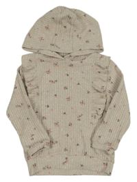 Béžová melírovaná rebrovaná úpletová mikina s kvietkami a volánikmi a kapucňou C&A