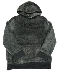 Černo-šedá chlupatá mikina s nápisy a kapsou a kapucí C&A