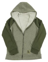 Světlekhaki-khaki melírovaná propínací zateplená mikina s nášivkou a kapucí St. Bernard