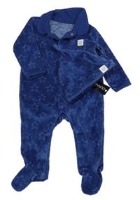 Nové - 2Set - Tmavomodrý sametový overal s hvězdičkami a medvídkem a límečkem + čepice St. Bernard