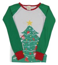 Bílo-zeleno-červené pyžamové triko s vánočním stromečkem
