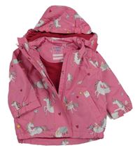 Růžová šusťáková jarní bunda s jednorožci a srdíčky a odepínací kapucí TCM