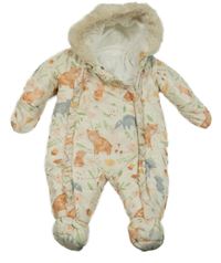 Smotanová prešívaná šušťáková zimná kombinéza so zvieratkami a kvietkami a volánikmi a kapucňou s kožešinou George