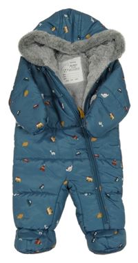 Šalvějová prošívaná šusťáková zimní kombinéza s obrázky a kapucí s kožešinou Nutmeg