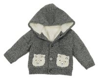 Tmavošedo-biely melírovaný pletený prepínaci zateplený sveter s medvídky/kapsami a kapucňou Nutmeg