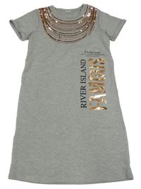 Sivé melírované teplákové šaty s nápismi a flitrami a retiazky RIVER ISLAND