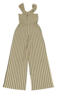 Světlebéžovo-čierny pruhovaný rebrovaný nohavicový overal s volánikmi C&A