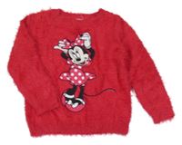 Červený chlupatý svetr s Minnie a třpytkami