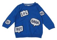 Cobaltovoě modrý sveter s nápismi H&M