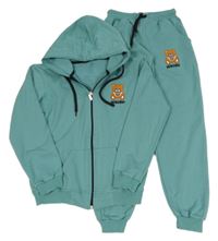2Set - Olivovomodrá propínací mikina s medvídkem a kapucí + tepláky Moschino