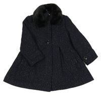 Tmavomodrý třpytivý podšitý kabát s kožešinou St. Bernard