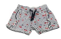 Bílo-tmavomodré pruhované bavlněné kraťasy s třešněmi a volánky Primark