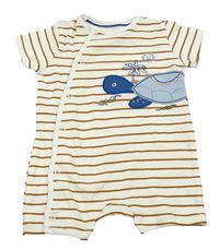 Smetanovo-hnědý pruhovaný bavlněný kraťasový overal s želvou C&A