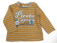 Šedo-medové pruhované triko s nápisem a pirátskou lodí Topomini