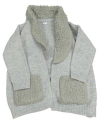 Šedý svetrový cardigan s huňatým límcem a kapsami F&F