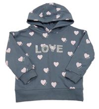 Sivá mikina so srdiečkami a nápisom a kapucňou Primark