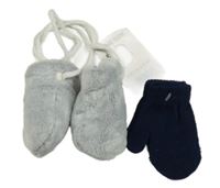 2x rukavice - tmavomodré palcové pletené + šedé chlupaté zateplené 