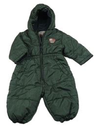 Tmavozelená šusťáková zimní kombinéza s nášivkou a kapucí 