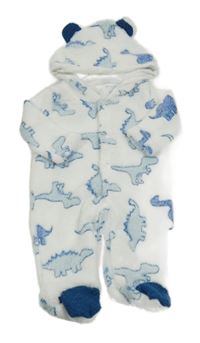 Biela plyšová kombinéza s  s dinosaurami a kapucňou