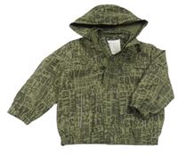 Khaki šusťáková jarní bunda s nápisy a kapucí 