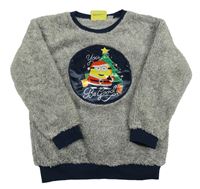 Sivá chlpatá mikina s tmavomodrým lemem a Mimoni