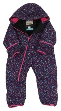 Tmavomodro-růžová květovaná šusťáková zimní kombinéza s kapucí roxy