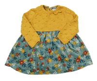 Okrovo-zelené pletené šaty se sametovou květovanou sukní