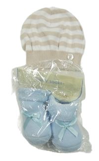 2 set - bílo-béžová pruhovaná čepice + světlemodré ponožky 