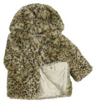 Béžový kožušinový zateplený kabát s kapucňou a leopardím vzorom George