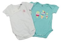 2set - 2X body - Tyrkysové s nanuky + bílé zavinovací s lienkou