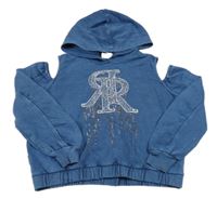 Tmavomodrá crop mikina s logom a holými rameny a kapucňou River Island