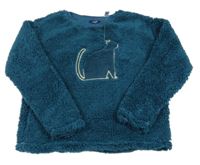 Petrolejová huňatá mikina s mačičkou Okaidi