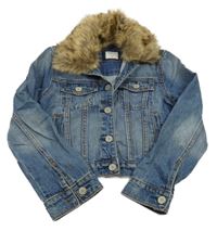 Modrá riflová crop bunda s kožešinovým límcem GAP