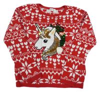 Červeno-biely vzorovaný sveter s jednorožcem z flitrů H&M