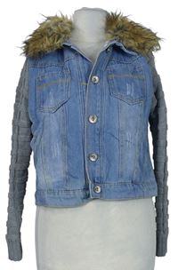 Dámska světlemodro-sivá riflovo/pletená zateplená crop bunda s kožúškom