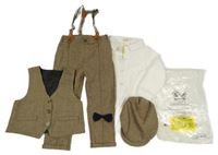 Nové- 5set- Béžové vzorované kalhoty s kšandami+ vesta+ bílé body+  bekovka+ motýlek