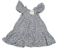 Nové - Tmavomodro-biele pruhované plátenné šaty s kvietkami Mayoral