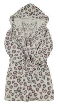 Bílo-šedo-růžový leopardí chlupatý župan s kapucí Dunnes