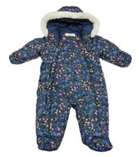 Tmavomodrá květovaná šusťáková zimní kombinéza s kapucí M&S