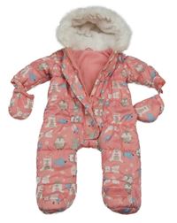 Ružová šušťáková zimná bunda s tučňáky a kapucí + rukavice F&F