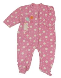 Růžový puntíkatý fleecový overal s medvídkem a balonky 