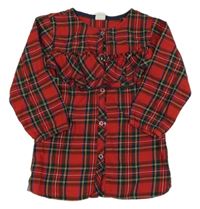Červeno-farebná kockovaná šatová tunika s volánikom